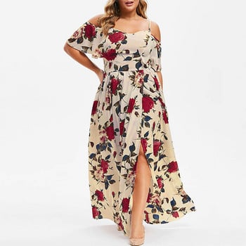 Bohemian Off Shoulder Floral print Κοντό μανίκι καλοκαιρινά casual plus size Ρούχα Ψηλόμεση Γυναικεία Slip Slip Φόρεμα μέχρι τον αστράγαλο