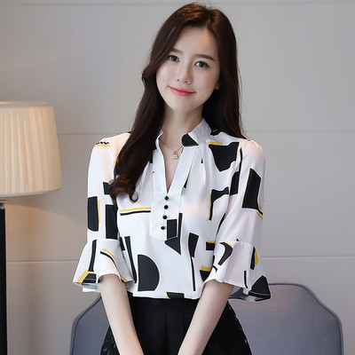 2021. gada jauns šifona modes sieviešu blūzes, pusapdrukātas blūzes ar piedurknēm Sieviešu apģērbs Liela izmēra krekli Sieviešu topi 113 30