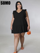 Γυναικείο φόρεμα SOMO Plus Size Καλοκαιρινή μόδα Μονόχρωμο Casual V-Neck Αμάνικο βολάν Κοντό φαρδύ φόρεμα Χονδρική Dropshipping