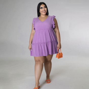 Γυναικείο φόρεμα SOMO Plus Size Καλοκαιρινή μόδα Μονόχρωμο Casual V-Neck Αμάνικο βολάν Κοντό φαρδύ φόρεμα Χονδρική Dropshipping