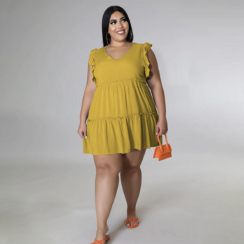 Γυναικείο φόρεμα SOMO Plus Size Καλοκαιρινή μόδα Μονόχρωμο Casual V-Neck Αμάνικο βολάν Κοντό φαρδύ φόρεμα Χονδρική Dropshipping