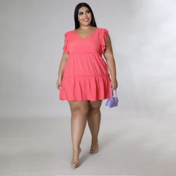 Γυναικείο φόρεμα SOMO Plus Size Καλοκαιρινή μόδα Μονόχρωμο Casual V-Neck Αμάνικο βολάν Κοντό φαρδύ φόρεμα Χονδρική Dropshipping