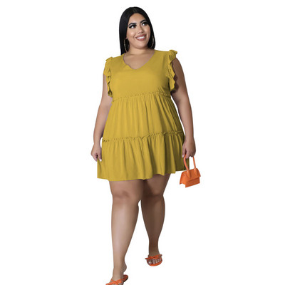 Γυναικείο φόρεμα SOMO Plus Size Καλοκαιρινή μόδα Μονόχρωμο Casual V-Neck Αμάνικο βολάν Κοντό φαρδύ φόρεμα Χονδρική Dropshipping