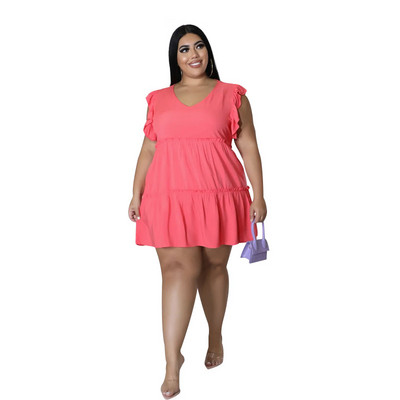 Γυναικείο φόρεμα SOMO Plus Size Καλοκαιρινή μόδα Μονόχρωμο Casual V-Neck Αμάνικο βολάν Κοντό φαρδύ φόρεμα Χονδρική Dropshipping