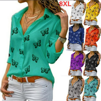 Fashion Butterfly print Casual μπλούζα με μακρυμάνικο κομψό γυναικείο μπλουζάκι μονής σειράς με κουμπί Streetwear Γυναικείο μαύρο λευκό πουκάμισο