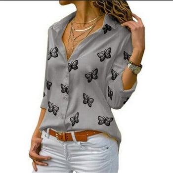 Fashion Butterfly print Casual μπλούζα με μακρυμάνικο κομψό γυναικείο μπλουζάκι μονής σειράς με κουμπί Streetwear Γυναικείο μαύρο λευκό πουκάμισο