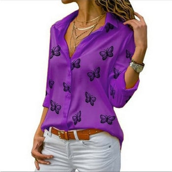 Fashion Butterfly print Casual μπλούζα με μακρυμάνικο κομψό γυναικείο μπλουζάκι μονής σειράς με κουμπί Streetwear Γυναικείο μαύρο λευκό πουκάμισο