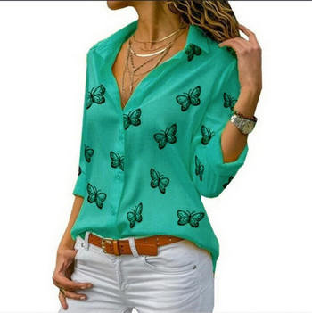 Fashion Butterfly print Casual μπλούζα με μακρυμάνικο κομψό γυναικείο μπλουζάκι μονής σειράς με κουμπί Streetwear Γυναικείο μαύρο λευκό πουκάμισο