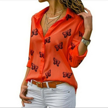 Fashion Butterfly print Casual μπλούζα με μακρυμάνικο κομψό γυναικείο μπλουζάκι μονής σειράς με κουμπί Streetwear Γυναικείο μαύρο λευκό πουκάμισο