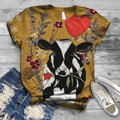 4# 2021 női rajzfilm Harajuku póló felsők Cow Animal Print 3D Animal Top O-nyakú, rövid ujjú pamut póló Футболки Mujer