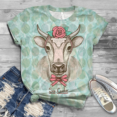 4# 2021 női rajzfilm Harajuku póló felsők Cow Animal Print 3D Animal Top O-nyakú, rövid ujjú pamut póló Футболки Mujer