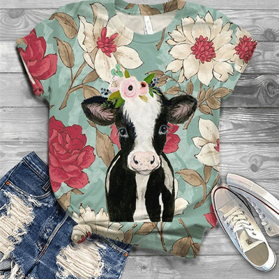 4# 2021 női rajzfilm Harajuku póló felsők Cow Animal Print 3D Animal Top O-nyakú, rövid ujjú pamut póló Футболки Mujer