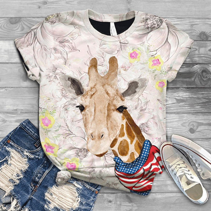 4# 2021 női rajzfilm Harajuku póló felsők Cow Animal Print 3D Animal Top O-nyakú, rövid ujjú pamut póló Футболки Mujer