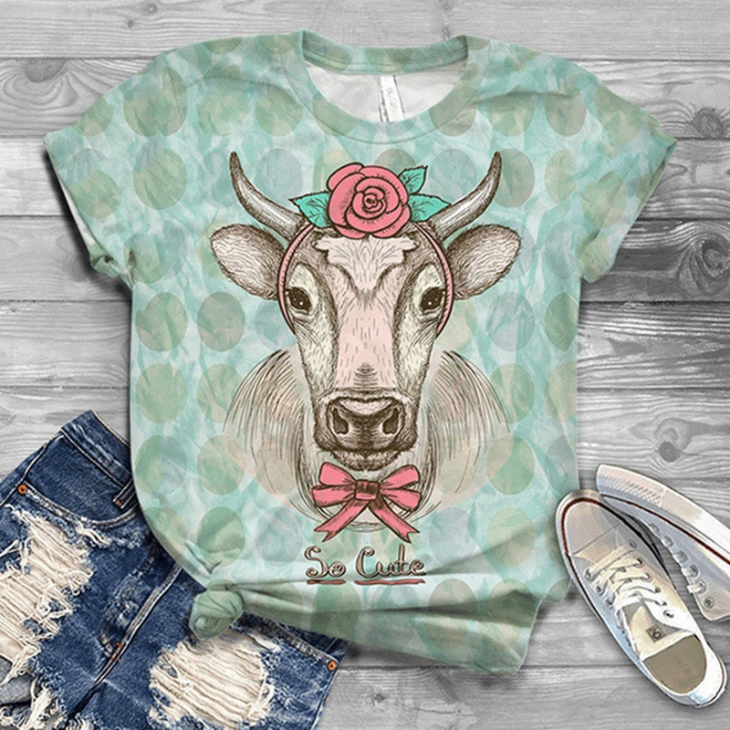 4# 2021 női rajzfilm Harajuku póló felsők Cow Animal Print 3D Animal Top O-nyakú, rövid ujjú pamut póló Футболки Mujer