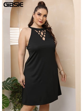 GIBSIE Plus Size O-Neck Cut Out Αμάνικο Μίνι Φόρεμα 3xl 4xl Γυναικεία Solid casual καλοκαιρινά φορέματα A-Line Γυναικεία μόδα Vestidos