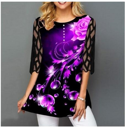 Plus μέγεθος 4xl 5XL πουκάμισο Γυναικεία μπλούζα 2020 Άνοιξη Καλοκαίρι Νέα μπλούζες με λαιμόκοψη σε μισό μανίκι με δαντέλα με στάμπα Boho Γυναικείο πουκάμισο