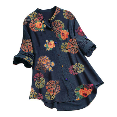 Bluză elegantă de damă, ocazională, cu imprimeu de flori, Bluse de mărime mare, cu mâneci lungi, cu decolteu O, cu nasturi, cămașă largi Top Bluză de damă Harajuku