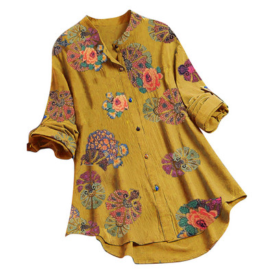 Sieviešu eleganta blūze ikdienišķa ziedu apdruka Lielizmēra Blusas Mujer ar garām piedurknēm ar O veida kakla pogu, brīvs krekls, Harajuku sieviešu blūze