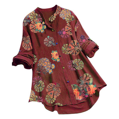 Sieviešu eleganta blūze ikdienišķa ziedu apdruka Lielizmēra Blusas Mujer ar garām piedurknēm ar O veida kakla pogu, brīvs krekls, Harajuku sieviešu blūze