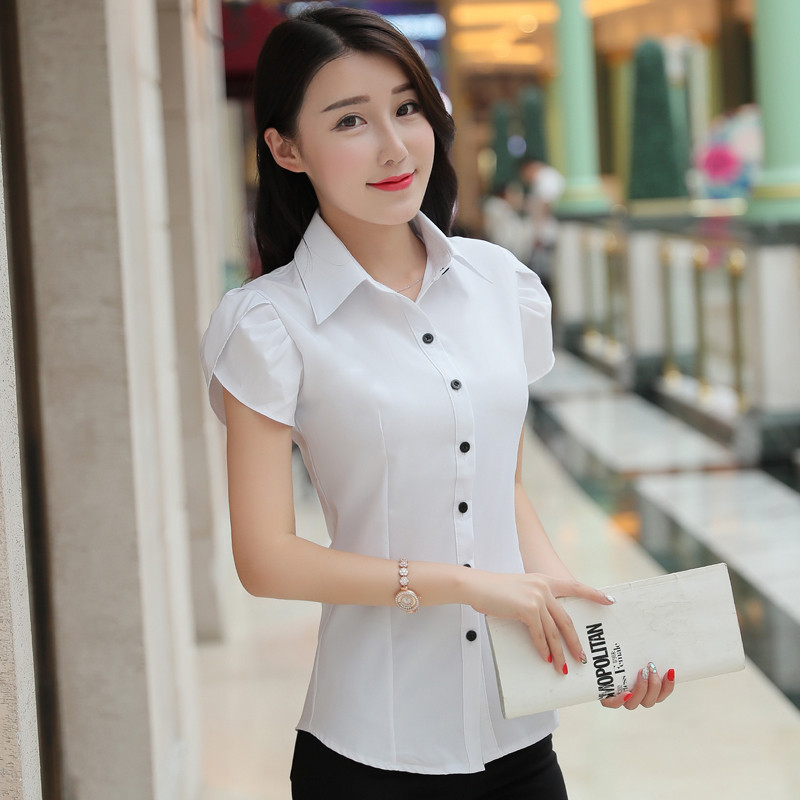 Plus Size 4XL 5XL Cămașă de vară pentru femei, cu mânecă scurtă, topuri și bluze elegante, cămăși de șifon alb, îmbrăcăminte de birou subțire