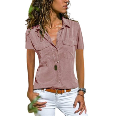 Fashion Pocket πέτο κοντομάνικο γυναικείο πουκάμισο Καλοκαιρινό λεπτό κουμπιά Plus μέγεθος Γυναικεία μπλούζες γραφείου Μαύρα ροζ θηλυκά μπλουζάκια 8XL