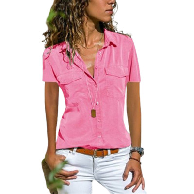 Fashion Pocket πέτο κοντομάνικο γυναικείο πουκάμισο Καλοκαιρινό λεπτό κουμπιά Plus μέγεθος Γυναικεία μπλούζες γραφείου Μαύρα ροζ θηλυκά μπλουζάκια 8XL