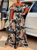 VONDA Liela izmēra sieviešu 2023. gada vasaras maks.kleita, mežģīņu raibs, jostas apdruka, apdrukāta ballīšu sauļošanās kleita ar garām piedurknēm ikdienas volāniem