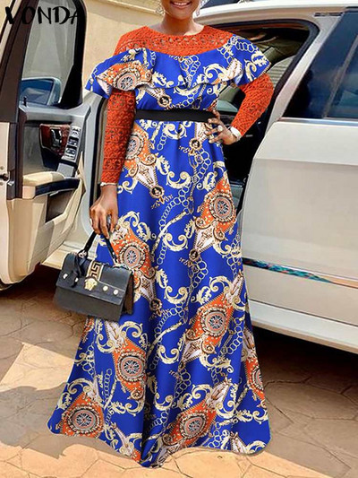 VONDA Liela izmēra sieviešu 2023. gada vasaras maks.kleita, mežģīņu raibs, jostas apdruka, apdrukāta ballīšu sauļošanās kleita ar garām piedurknēm ikdienas volāniem