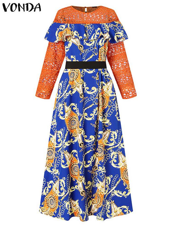 VONDA Liela izmēra sieviešu 2023. gada vasaras maks.kleita, mežģīņu raibs, jostas apdruka, apdrukāta ballīšu sauļošanās kleita ar garām piedurknēm ikdienas volāniem