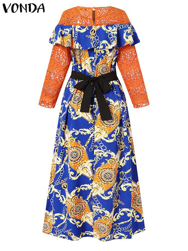 VONDA Liela izmēra sieviešu 2023. gada vasaras maks.kleita, mežģīņu raibs, jostas apdruka, apdrukāta ballīšu sauļošanās kleita ar garām piedurknēm ikdienas volāniem