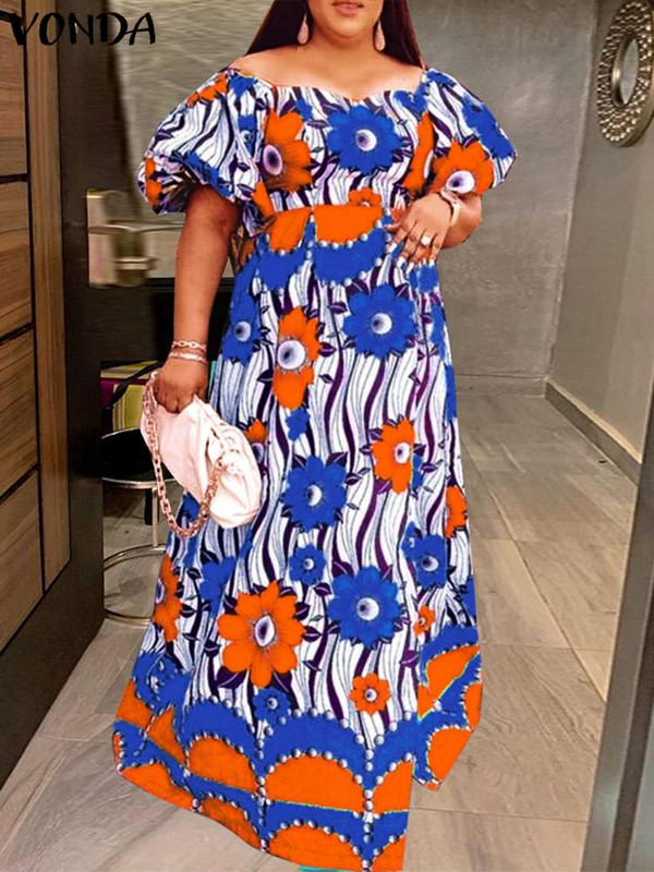 Liela izmēra 5XL VONDA vasaras sauļošanās seksīga kleita uz pleciem, 2023. gada sieviešu Bohēmijas ziedu apdruka ar garām piedurknēm ballītei Maxi Robe Femme