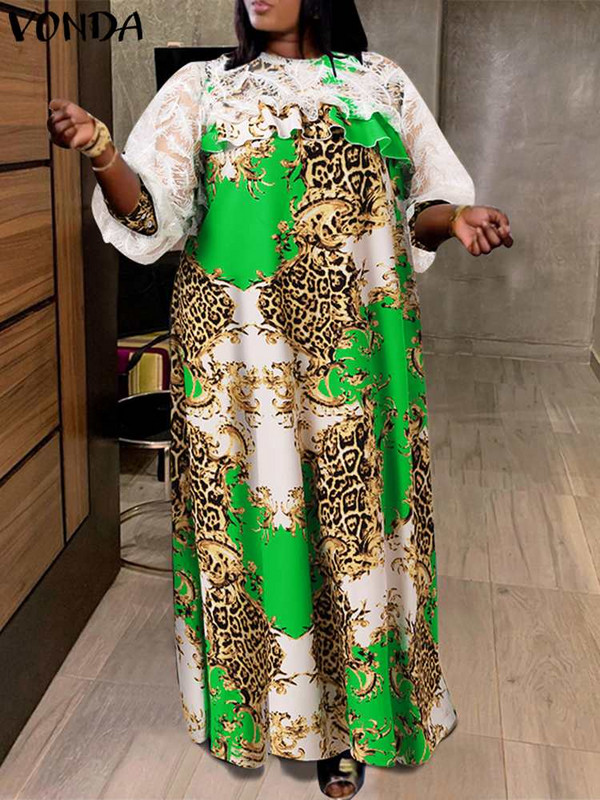 Suures suuruses 5XL maksikleit Boheemlaste trükitud peokleit 2023 VONDA vabaaja pitsiline lapiline volangidega rüü Naiste pühade vestid