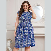 Modes lielizmēra kleitas sievietēm ar īsām piedurknēm ar ziedu apdruku jostu Madi kleita ar O veida kakla izgriezumu, zila bez piedurknēm