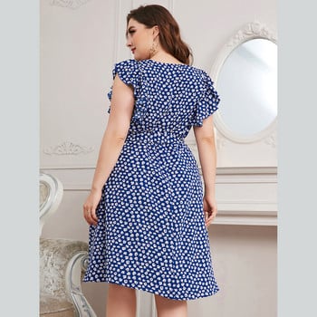 Fashion Plus Size Φορέματα Γυναικεία κοντομάνικα Floral εμπριμέ ζώνη Madi Φόρεμα O-λαιμόκοψη μπλε αμάνικο