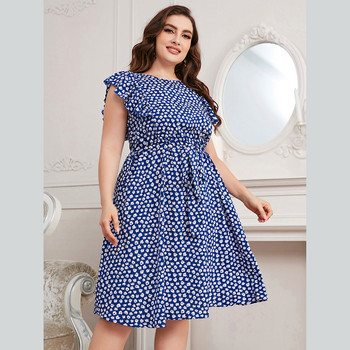 Fashion Plus Size Φορέματα Γυναικεία κοντομάνικα Floral εμπριμέ ζώνη Madi Φόρεμα O-λαιμόκοψη μπλε αμάνικο