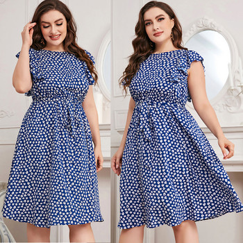 Fashion Plus Size Φορέματα Γυναικεία κοντομάνικα Floral εμπριμέ ζώνη Madi Φόρεμα O-λαιμόκοψη μπλε αμάνικο