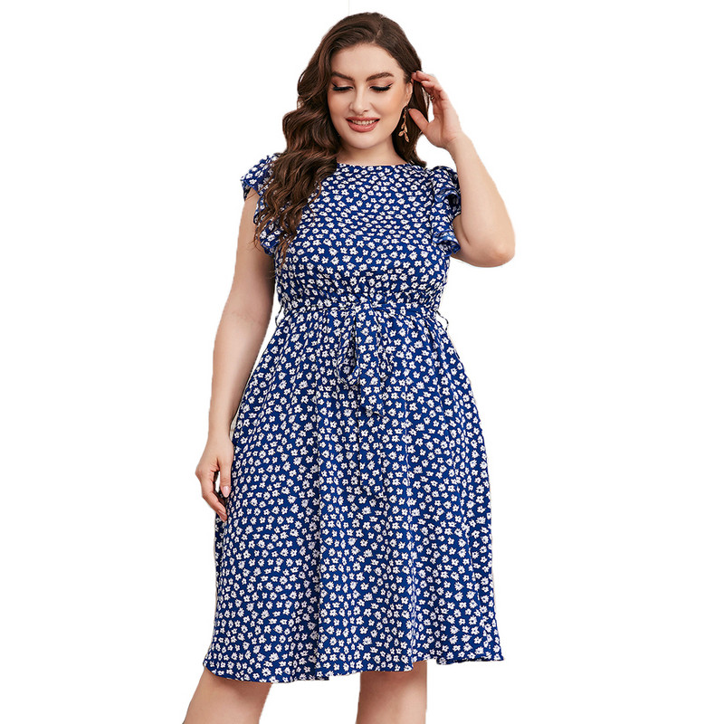 Modes lielizmēra kleitas sievietēm ar īsām piedurknēm ar ziedu apdruku jostu Madi kleita ar O veida kakla izgriezumu, zila bez piedurknēm