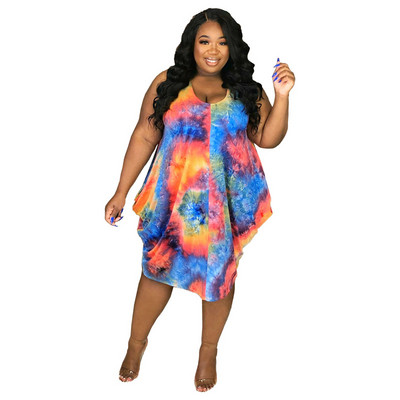 CM.YAYA sieviešu lielizmēra kleita ar apdruku bez piedurknēm O veida kakla brīvas, elastīgas kleitas līdz ceļiem. Ikdienas modes ielas apģērbs vasaras apģērbs