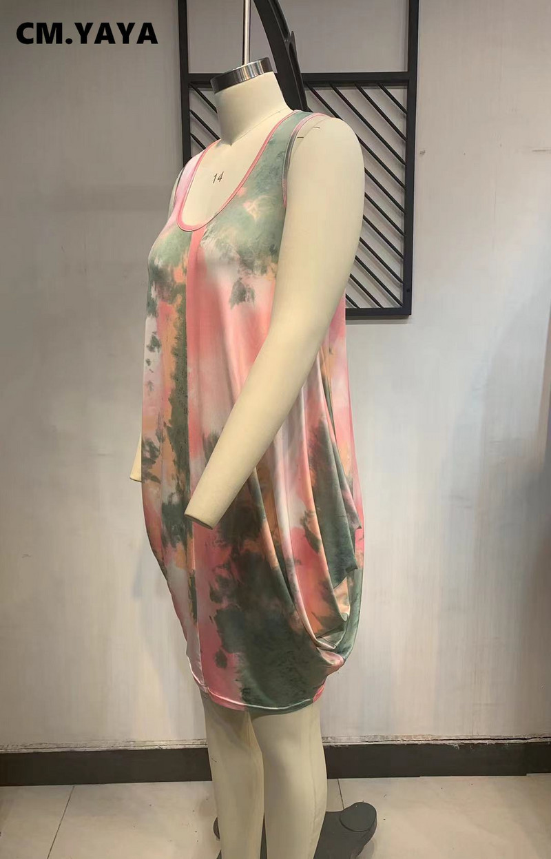 CM.YAYA sieviešu lielizmēra kleita ar apdruku bez piedurknēm O veida kakla brīvas, elastīgas kleitas līdz ceļiem. Ikdienas modes ielas apģērbs vasaras apģērbs