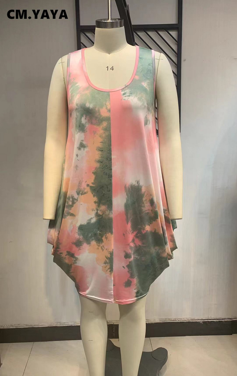 CM.YAYA sieviešu lielizmēra kleita ar apdruku bez piedurknēm O veida kakla brīvas, elastīgas kleitas līdz ceļiem. Ikdienas modes ielas apģērbs vasaras apģērbs