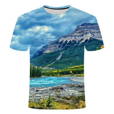 Suvised mägede ja jõgede graafilised T-särgid Meestele Mood Loodusliku Scenery Mustriga t-särk Ilus vabaaja 3D Prindiga T-särk