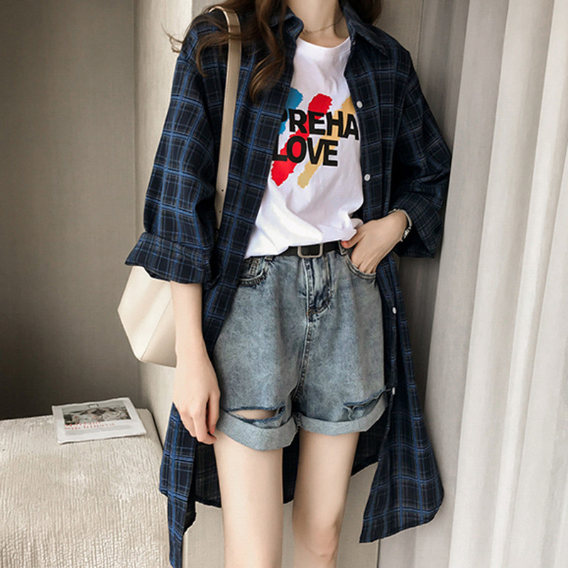 Női kockás blúz, hosszú ujjú, vékony szakaszú fényvédő hosszú szoknya Blusas mujer de moda 2020 ing felsők női nagy méretű