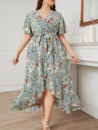 4XL 5XL Plus Size Midi Rochie Femei 2022 de vară cu decolteu în V cu mâneci scurte cu imprimeu floral Rochie înfășurată pentru femei Rochii de plajă de dimensiuni mari