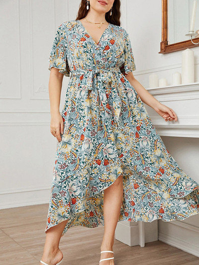 4XL 5XL Liela izmēra Midi kleita sievietēm, 2022. gada vasaras V kakla izgriezums ar īsām piedurknēm ar ziedu apdruku.