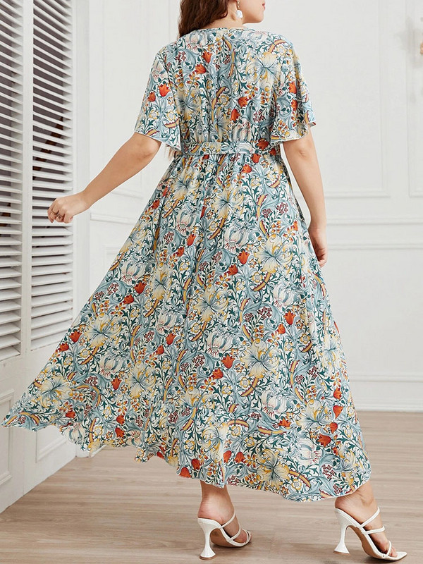 4XL 5XL Liela izmēra Midi kleita sievietēm, 2022. gada vasaras V kakla izgriezums ar īsām piedurknēm ar ziedu apdruku.