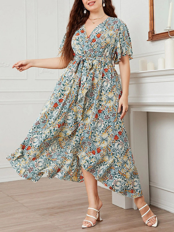 4XL 5XL Liela izmēra Midi kleita sievietēm, 2022. gada vasaras V kakla izgriezums ar īsām piedurknēm ar ziedu apdruku.