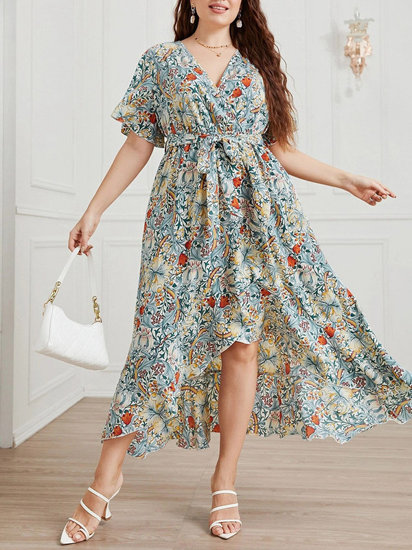 4XL 5XL Liela izmēra Midi kleita sievietēm, 2022. gada vasaras V kakla izgriezums ar īsām piedurknēm ar ziedu apdruku.