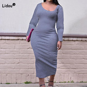 2022. gada ikdienas modes vienkrāsains U kakla audums ar garām piedurknēm, slaidas potītes kleitas pavasara rudenī, seksīgas lielizmēra sieviešu apģērbs 5XL