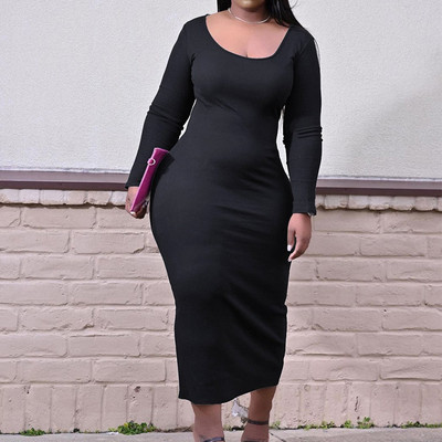 2022. gada ikdienas modes vienkrāsains U kakla audums ar garām piedurknēm, slaidas potītes kleitas pavasara rudenī, seksīgas lielizmēra sieviešu apģērbs 5XL