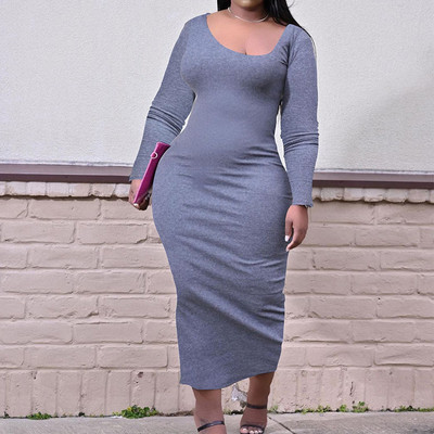 2022. gada ikdienas modes vienkrāsains U kakla audums ar garām piedurknēm, slaidas potītes kleitas pavasara rudenī, seksīgas lielizmēra sieviešu apģērbs 5XL